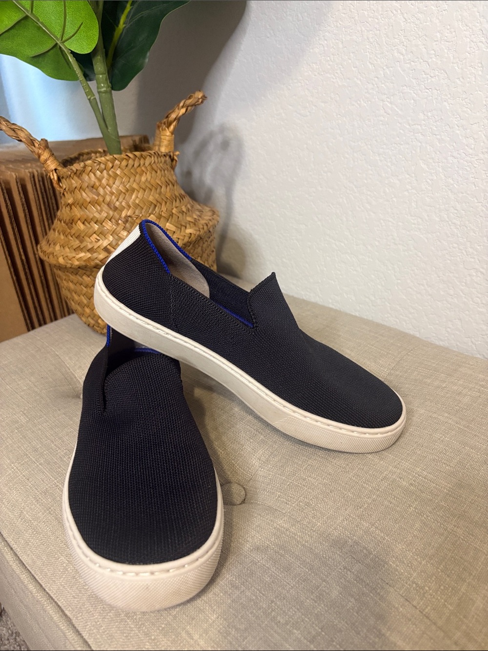 Rothy's Black Knit Slip-On Loafers with White Sole 7